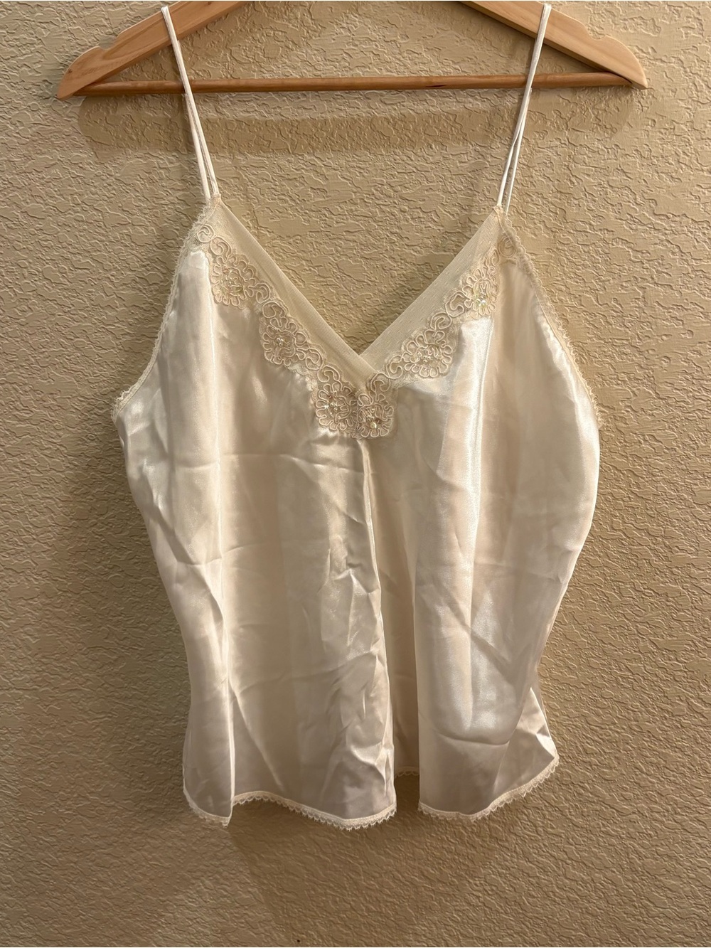 Vintage Cream Silk Heavily Pearl & Sequin Embroidered Camisole Top - Large